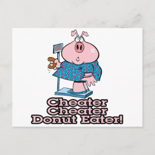 Cartão Postal rosto de desenho animado de porco comendo donut