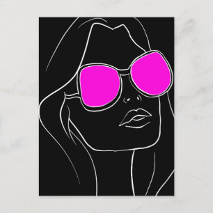 Cartão Postal Rosto de Mulher Retro com Óculos de Sol Rosa Preto