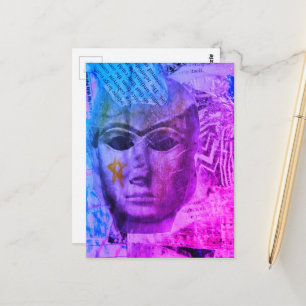 Cartão Postal Rosto de pedra Mix Mídia Colagem Azul Roxo