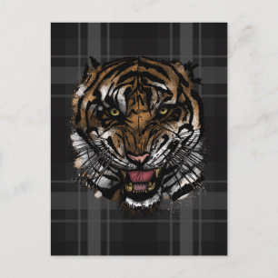 Cartão Postal Rosto de Tigre Feroz Grunge Xadrez Streetwear