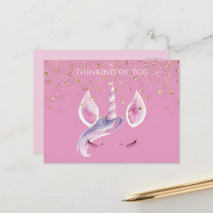 Cartão Postal Rosto de Unicórnio Confete Brilho Rosa Feminino Do