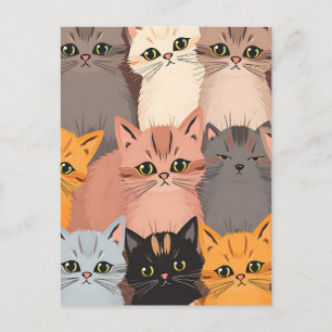 Cartão Postal Rostos de Gatos Fofos Padrão Ilustrado