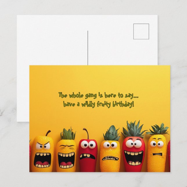 Cartão Postal Rostos Engraçados de Frutas Aniversário (Frente/Verso)