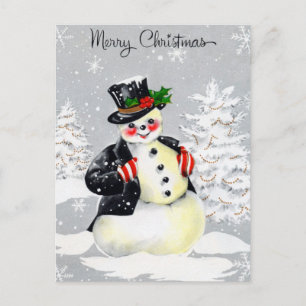Cartão Postal Rosy Cheeked Snowman com Casaco de Chapéu Superio