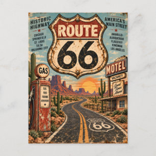 Cartão Postal Rota 66 Vintage Estrada Mãe Viagem Retro