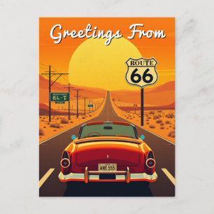 Cartão Postal Rota 66 Vintage Sunset Highway com Carro