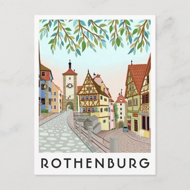 Cartão Postal Rothenburg Germany Town View Travel Illustration (Frente)