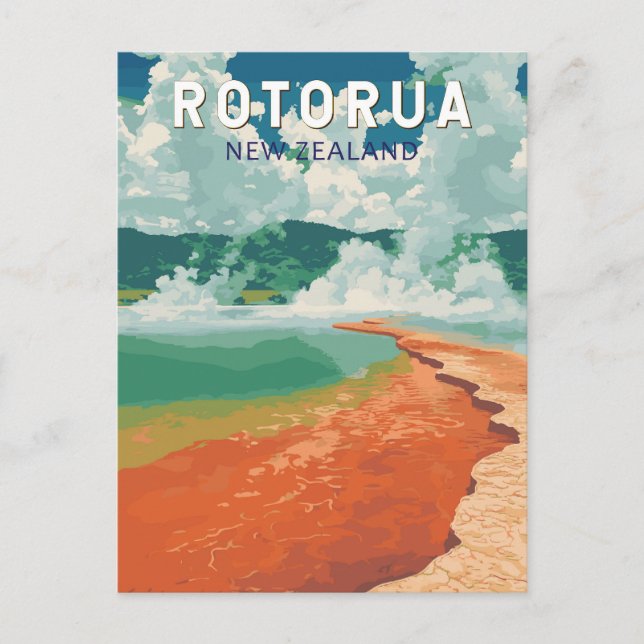 Cartão Postal Rotorua Nova Zelândia Ilustração Arte de Viagem Re (Frente)