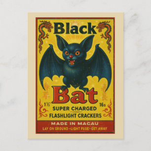 Cartão Postal Rótulo de Fogos de Artifício de Morcego Preto Vint