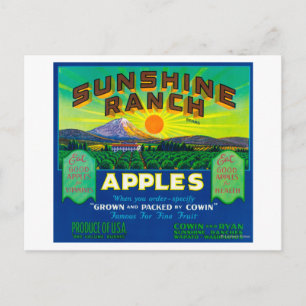 Cartão Postal Rótulo de Maçã Sunshine Ranch - Wapato, WA