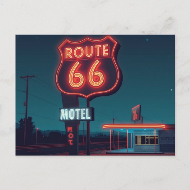 Cartão Postal Route 66 Neon Motel Night Travel Art (Frente)