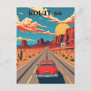 Cartão Postal Route 66 Red Car Desert Drive Vintage