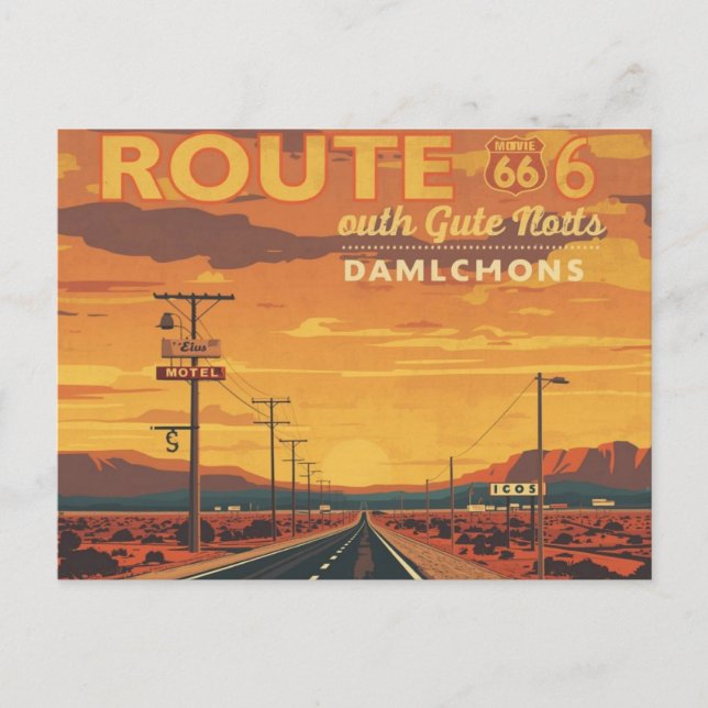 Cartão Postal Route 66 Vintage Sunset Road Art (Frente)
