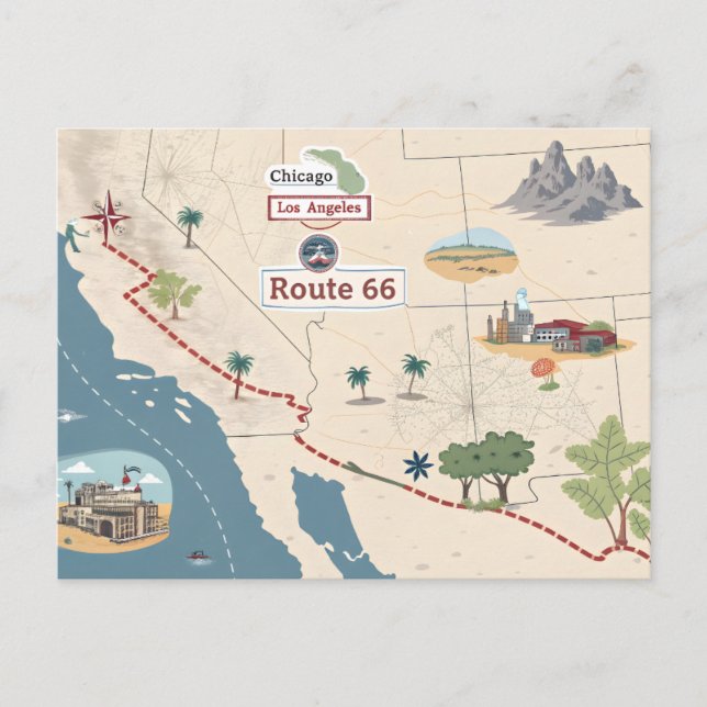 Cartão Postal Route 66 Vintage Travel Map Illustration (Frente)