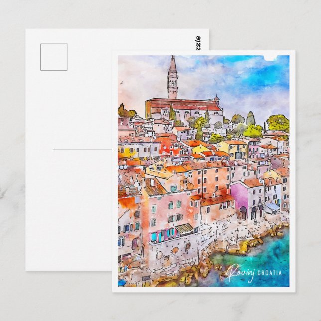 Cartão Postal Rovinj Croácia Viagem Place Watercolor (Frente/Verso)