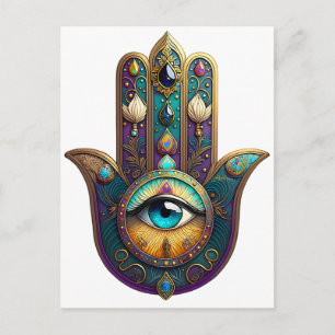 Cartão Postal Roxo Dourado Verde Água Hamsa c/ Terceiro Olho Tur