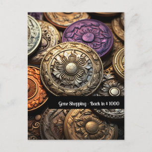 Cartão Postal Roxo e Dourado Botão para Costurar Dia 1 da Magia