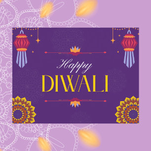 Cartão Postal Roxo Elegante e Lanternas Douradas Happy Diwali
