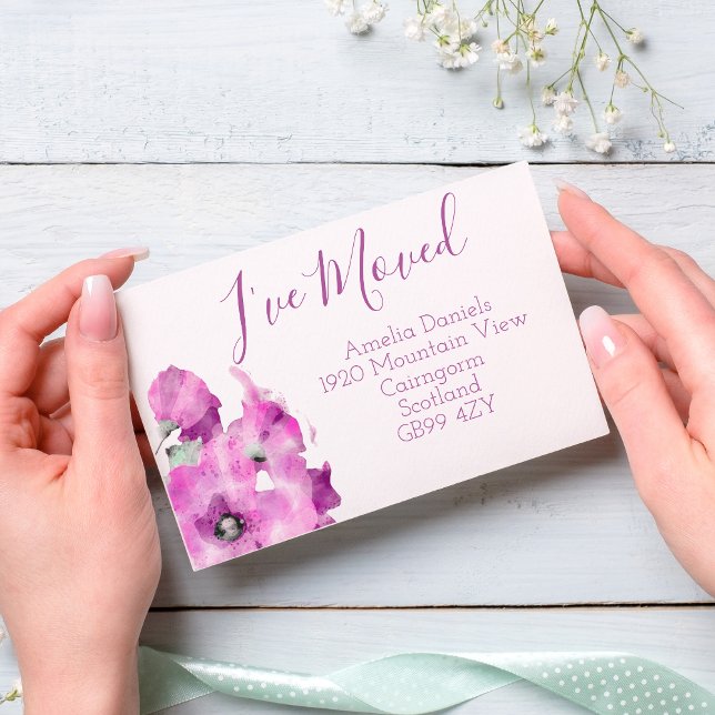 Cartão Postal Roxo Elegante em movimento (Botanical new home address cards custom made to order. Stylish, elegant and sure to impress.)