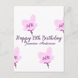 Cartão Postal Roxo floral rosa para 15 anos nome da festa de qui