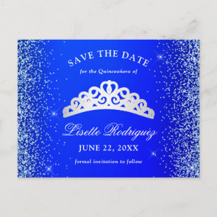 Cartão Postal Royal Blue e Prata Quinceanera Salve A Data