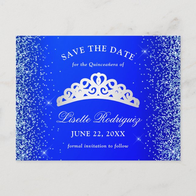 Cartão Postal Royal Blue e Prata Quinceanera Save The Date (Frente)