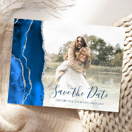 Cartão Postal Royal Blue Silver Agate Custom Photo Save the Date