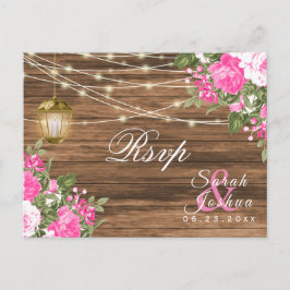 Cartão Postal RSVP - Casamento com Madeira, Lanterna e Flora Ros