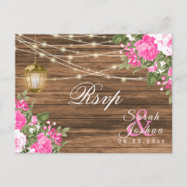 Cartão Postal RSVP - Casamento com Madeira, Lanterna e Flores Ro