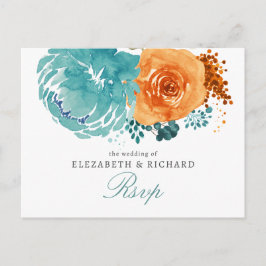Cartão Postal RSVP Casamento Floral Outono Laranja Queimada Azul