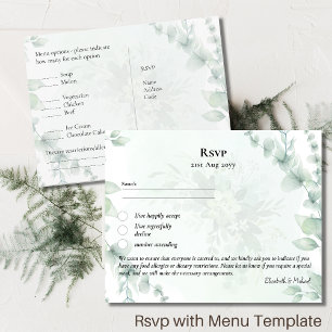 Cartão Postal RSVP com modelo de cardápio Folhas de Eucalipto Rú