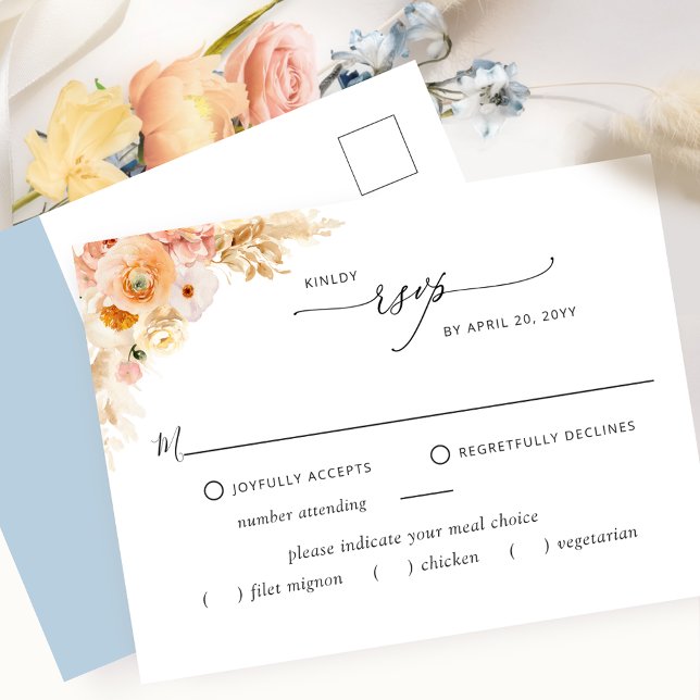 Cartão Postal RSVP com/sem refeições, Peach e Cartão-postal azul (Criador carregado)