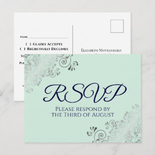 Cartão Postal RSVP de Casamento Azul de Silver Frills Mint Green