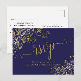 Cartão Postal RSVP de Casamento Azul do Marinho Chic da Caligraf
