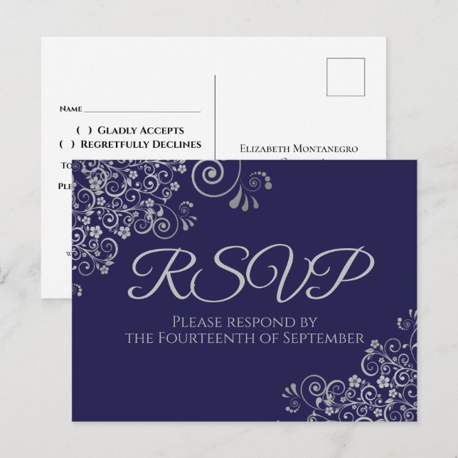 Cartão Postal RSVP de Casamento Azul do Marinho Elegante Silver  (Frente/Verso)