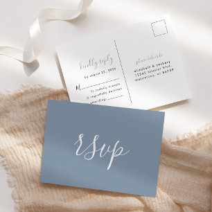 Cartão Postal RSVP de Casamento Azul Dusty minimalista moderno