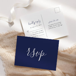 Cartão Postal RSVP de casamento azul naval minimalista moderno