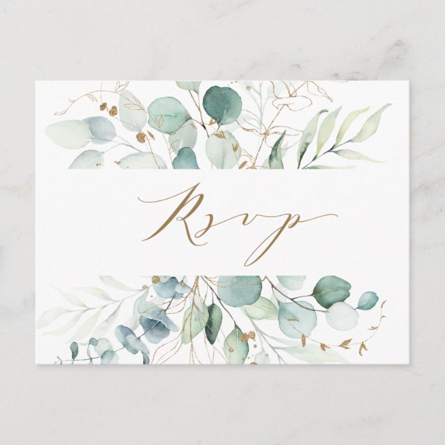 Cartão postal RSVP de Casamento Botânico Dourado e (Frente)