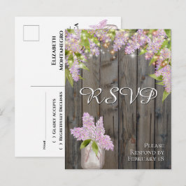 Cartão Postal RSVP de Casamento com Lilases Rústicas com Madeira