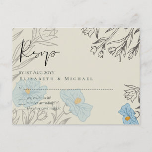 Cartão Postal RSVP de Casamento de Abstrato Floral Azul Moderno