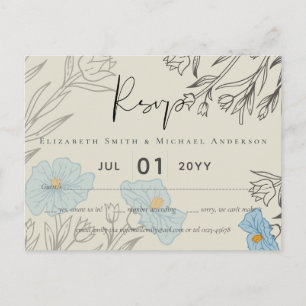 Cartão Postal RSVP de Casamento de Abstrato Floral Azul Moderno