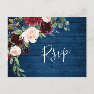 Cartão Postal RSVP de Casamento de Aquarela Azul Blush Marinho B