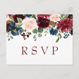 Cartão Postal RSVP de Casamento de Aquarela Azul Blush Marinho B