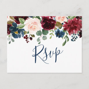 Cartão Postal RSVP de Casamento de Aquarela Azul Blush Marinho B