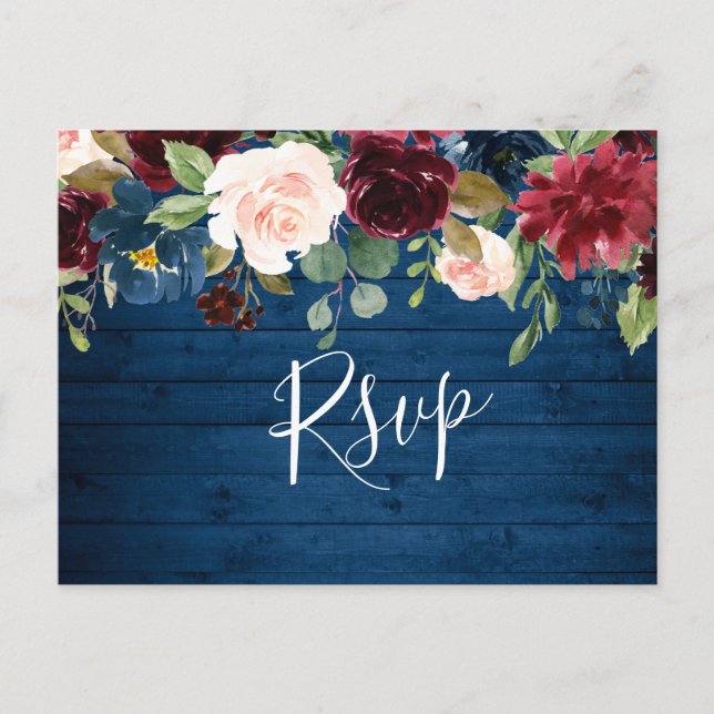 Cartão Postal RSVP de Casamento de Aquarela Azul Blush Marinho B (Frente)
