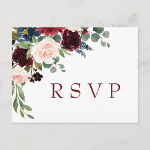 Cartão Postal RSVP de Casamento de Aquarela Azul Blush Marinho B