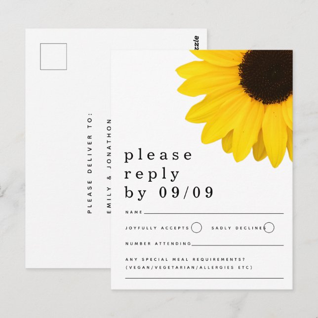 Cartão Postal RSVP de Casamento de Girassol Amarelo Russo (Frente/Verso)
