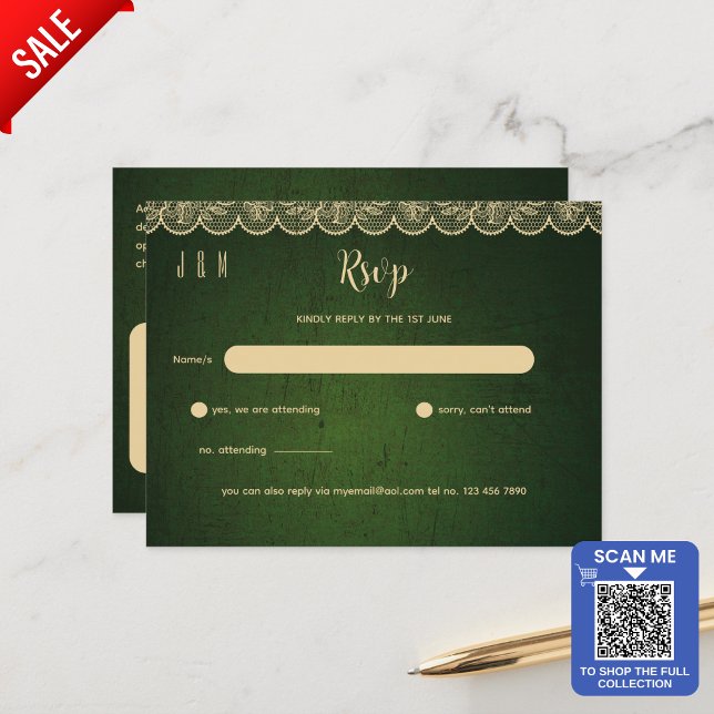 Cartão Postal RSVP De Casamento De Lugar Dourado Verde Para Comp (Criador carregado)