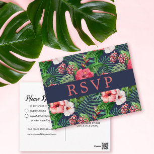 Cartão Postal RSVP de Casamento de Marinho Tropical Floral Hibis