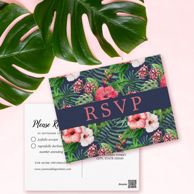 Cartão Postal RSVP de Casamento de Marinho Tropical Floral Hibis (Criador carregado)